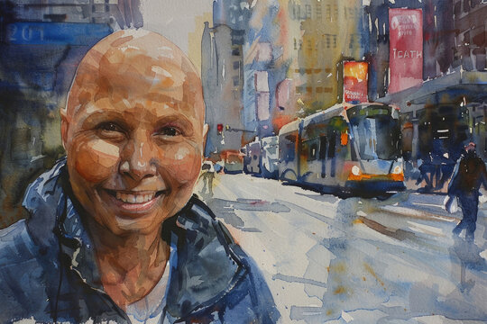 A painting depicts bald man with a cheerful smile standing on a bustling city street, surrounded by urban architecture