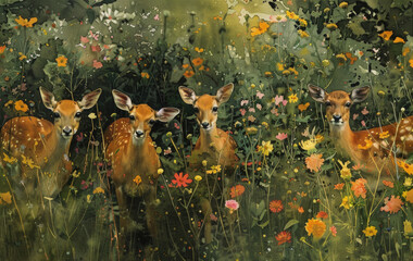 Four deer standing in a field filled with colorful wildflowers