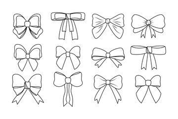 Collection of bows in hand drawn style. Item of decoration and wardrobe. Tie. Vector illustration. Doodle. A set of items for holiday and celebration. Isolated. White background. Knot. Gift bow