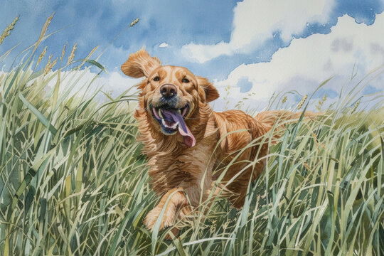 A detailed Watercolor painting capturing a dog energetically running through tall green grass under a clear blue sky