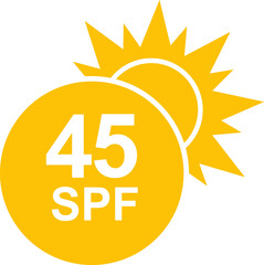 SPF 45 icon. Sun protection for skin. UVA UVB sunscreen protection. SPF icon for or skin cosmetics packaging.