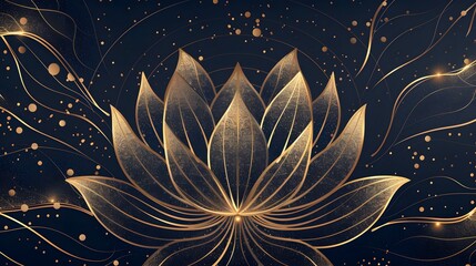 Golden lotus line arts on dark background, Luxury gold wallpaper design for prints, banner, fabric, poster, cover, digital arts vector illustration.