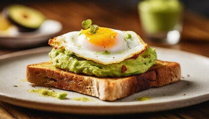 Toasted bread with guacamole and fried egg. Tasty breakfast. Delicious food. Culinary concept. - obrazy, fototapety, plakaty