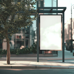 Elevate your brand's visibility with a blank billboard strategically positioned at a modern bus stop, ready to captivate passersby. Enhanced with AI generative aesthetics.