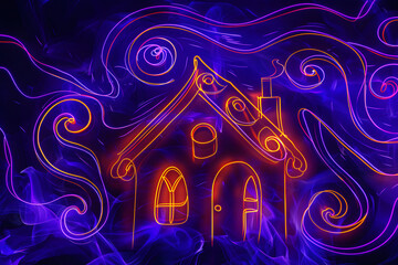 Purple orange neon gingerbread house with light trails isotated on black background.