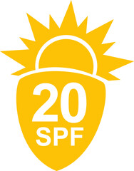 SPF 20 icon. Sun protection for skin. UVA UVB sunscreen protection. SPF icon for or skin cosmetics packaging.