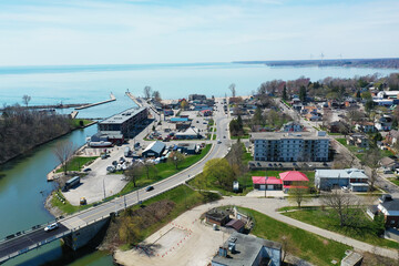 Aerial of Port Dover, Ontario, Canada by lake
