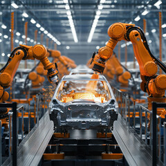 Experience the precision of automation as a high-tech robot works on car assembly in a factory. Discover the future of manufacturing powered by AI generative technology.