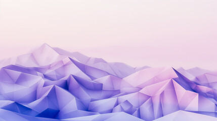 Abstract representation of mountains using triangular shapes in shades of purple and pink with a clear sky.