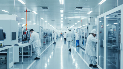 Naklejka na ściany i meble Witness the innovation of clean room technology in microchip manufacturing. AI generative.