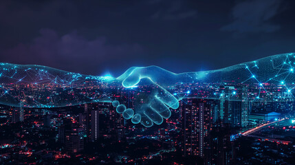 Glowing digital handshake against a city skyline at night, symbolizing innovative business partnerships.