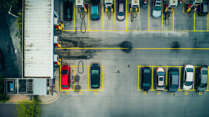 Overhead view of multiple fuel dispensers lined up neatly within the canopy-covered area of a busy petrol forecourt during daytime. - obrazy, fototapety, plakaty