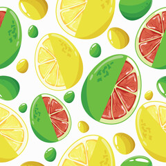 Easter seamless pattern with decorated eggs pomelo, lemon and green, yellow eggs for holiday poster, textile or packaging 