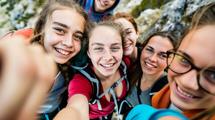 Group of teenagers taking selfies while hiking up a mountain trail showcasing team spirit and adventure. - obrazy, fototapety, plakaty