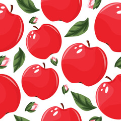 seamless pattern with red, juicy apples, green leaves and apple blossom buds, for packaging, for textiles or posters