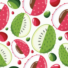 Easter seamless pattern with decorated eggs with soursap, lychees and green, red eggs for holiday poster, textile or packaging	