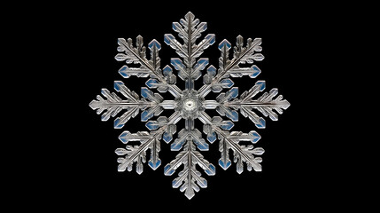 Macro photography capturing the intricate details of a snowflake on a dark background emphasizing its unique structure.