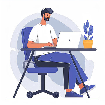 Teleworking with Young Man at Desk with Laptop Working from Home. Illustration