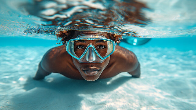 Underwater photography of tourist with  mask .