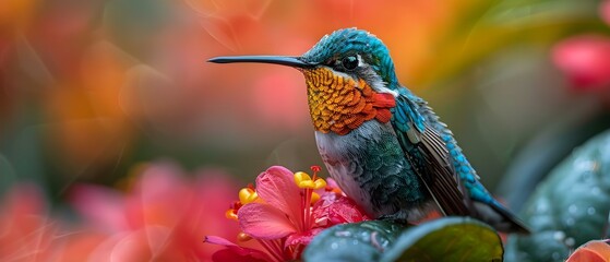 Obraz premium Vibrant hummingbirds with fiery throats near pink flower in Savegre Costa Rica. Concept Nature, Wildlife Photography, Bird Watching, Conservation, Costa Rica