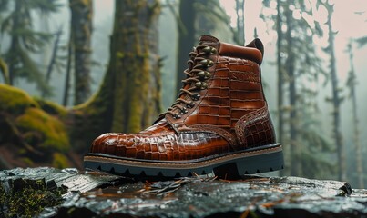 pacific northwest boot crocodile leather sideview, forest in the background