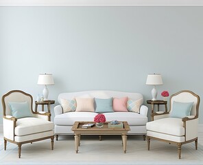 A simple and clean living room with light blue walls, a sofa in fro