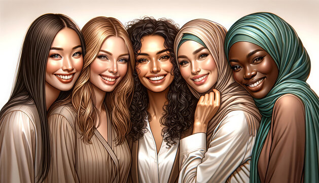 A vibrant portrait of five women with diverse ethnicities and hairstyles, including one in a hijab, all sharing a close and joyous moment, reflects the beauty of diversity and friendship.