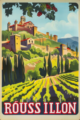 Retro ROUSSILLON poster showcasing Catalan culture, vineyards and Fort de Salses. - obrazy, fototapety, plakaty