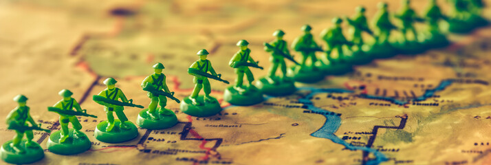 Small toy soldiers aligned on a map for territory defense