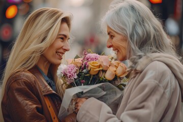 an adult daughter gives her elderly mother a bouquet of flowers, mother's day, holiday, entertainment, birthday