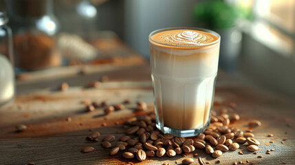 Morning coffee accompanied by almond milk. AI generative. - obrazy, fototapety, plakaty