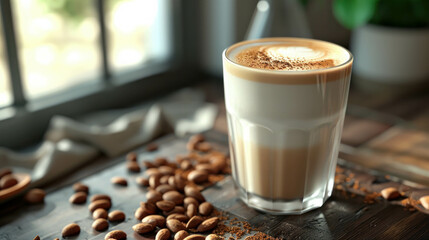 Morning coffee accompanied by almond milk. AI generative. - obrazy, fototapety, plakaty