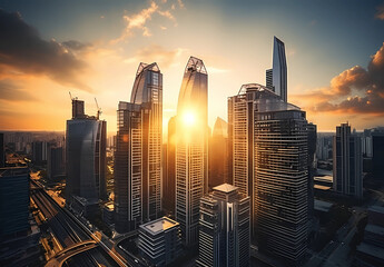 Sunny cityscape with skyscrapers and setting sun - obrazy, fototapety, plakaty