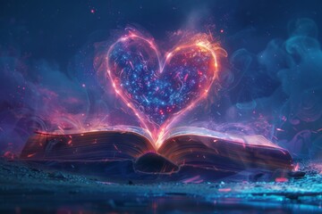 Magical  heart-shaped light effuses from a book, with sparkling embers and a mystical pink backdrop.