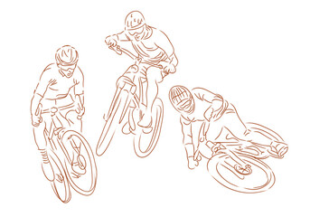 Sketch three bikers in action vector for design element.