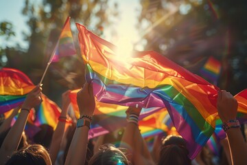 A crowd at a pride event waves rainbow flags with a warm sunset in the background, Vibrant pride parade celebration