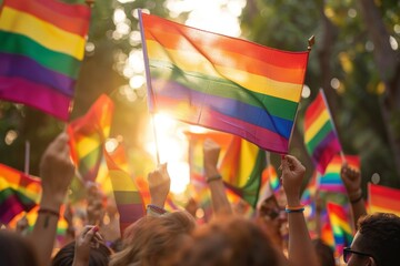 A crowd at a pride event waves rainbow flags with a warm sunset in the background, Vibrant pride parade celebration