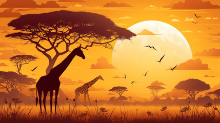 Fototapeta na wymiar African savannah at sunset, wildlife silhouettes, paper cut with vivid color dimensions,