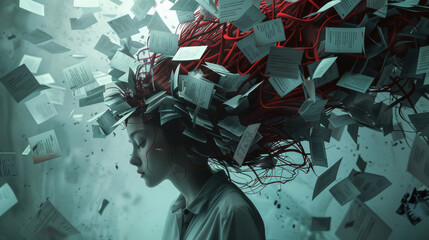 Abstract visualization of a mind cluttered with deadlines and stress, surreal,