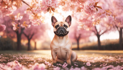 満開の桜の中、フレンチブルドックがこちらを見ている。