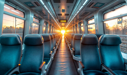 inside of an empty speed train with blue chairs / seats. city urban public transportation
 - obrazy, fototapety, plakaty
