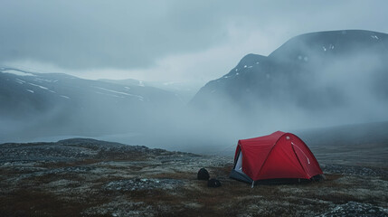 Eerie mist envelops red Hilleberg tent in arctic wilderness. AI generative artwork.