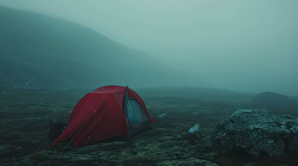 Horror mist surrounds fantasy tent in eerie arctic landscape. AI generative. - obrazy, fototapety, plakaty