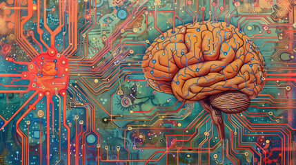 Brain depicted as an electric circuit board, highlighting logical and analytical thinking - obrazy, fototapety, plakaty