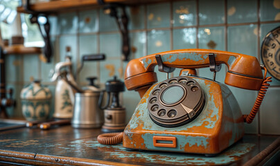 old phone with cord vintage look on a kitchen counter vintage home