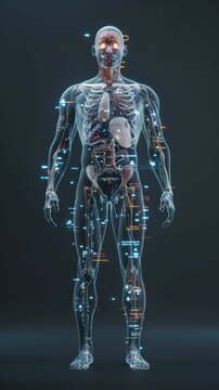 Cartoon human body with visible AI technology implants, educational and engaging, 3D rendered