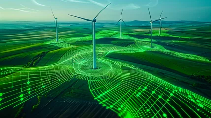 Gordijnen Wind turbines in field under blue sky, green energy and environmental technology © Joynal