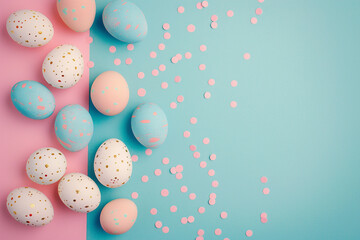 Painted pastel color easter eggs on a light blue and pink color background with a place to text. April easter celebration. AI generated. 