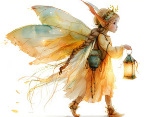 A whimsical watercolor illustration of a young fairy holding a lantern, with translucent wings and a soft, magical glow.