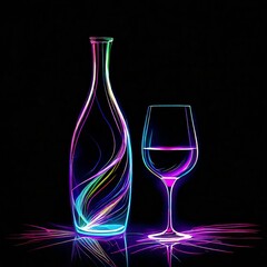 Butelka i kieliszek z winem. Neonowy rysunek na czarnym tle